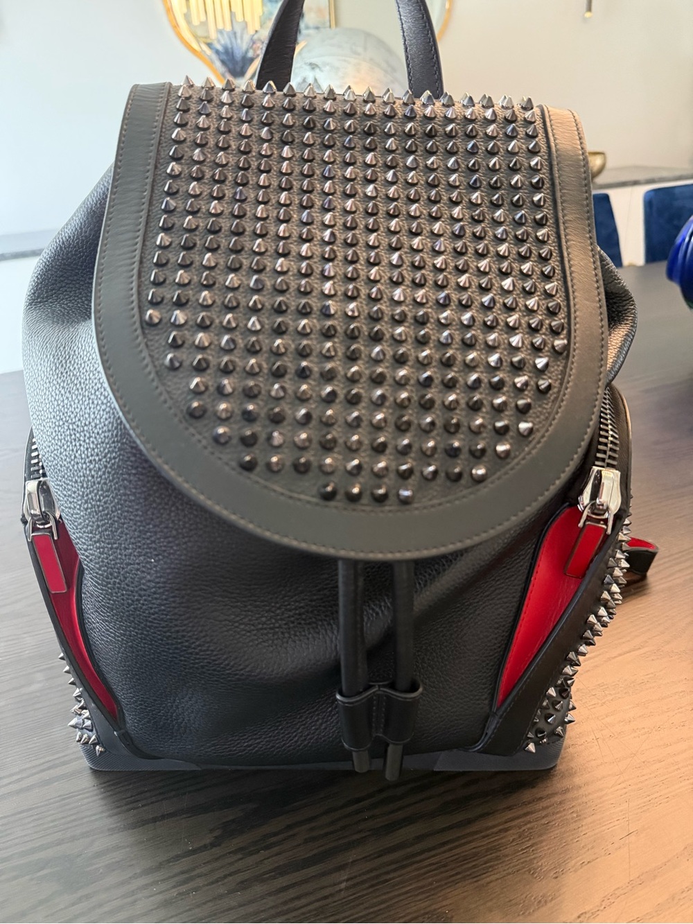 Christian Louboutin Black Backpack with Red Accents and Spike Studs